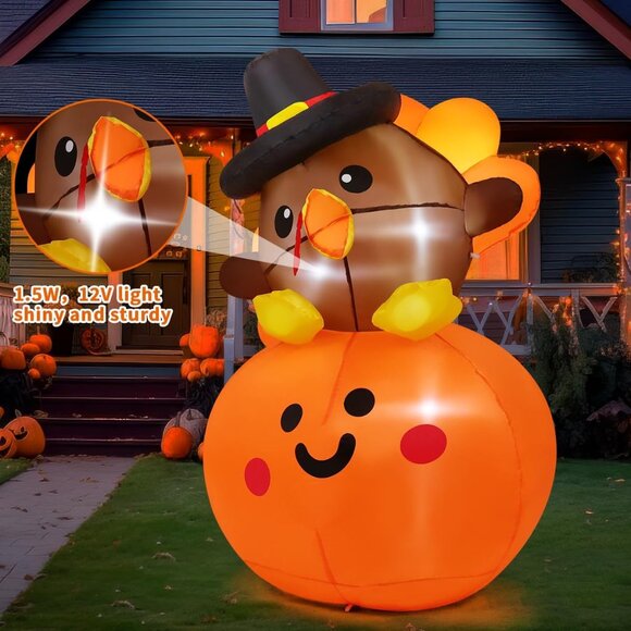 5FT Inflatables Turkey Baby on Pumpkin Built-in LEDs Blow Up Yard Decoration - Picture 2 of 8